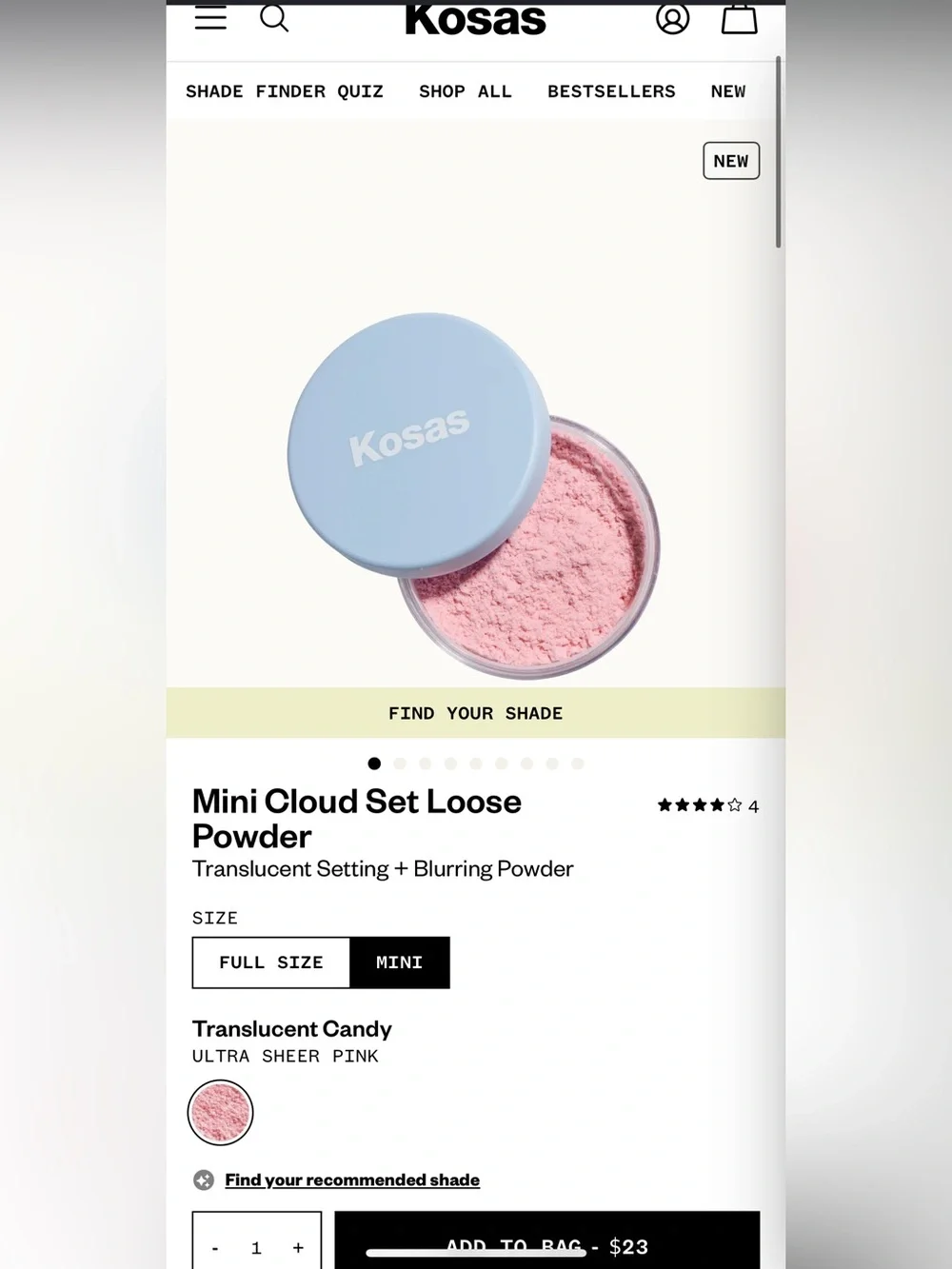 Kosas NIB Mini Cloud Set Loose Powder Translucent Ultra Sheer Pink / $23 Retail